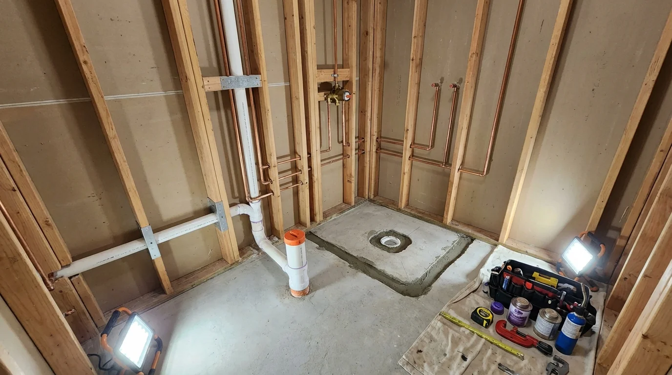 Bathroom rough-in plumbing during remodel by Johns Plumbing LLC in Boonton
