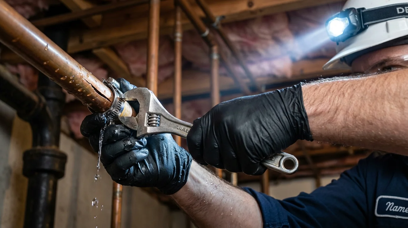 Emergency pipe clamp repair being performed by a Johns Plumbing LLC plumber in Boonton