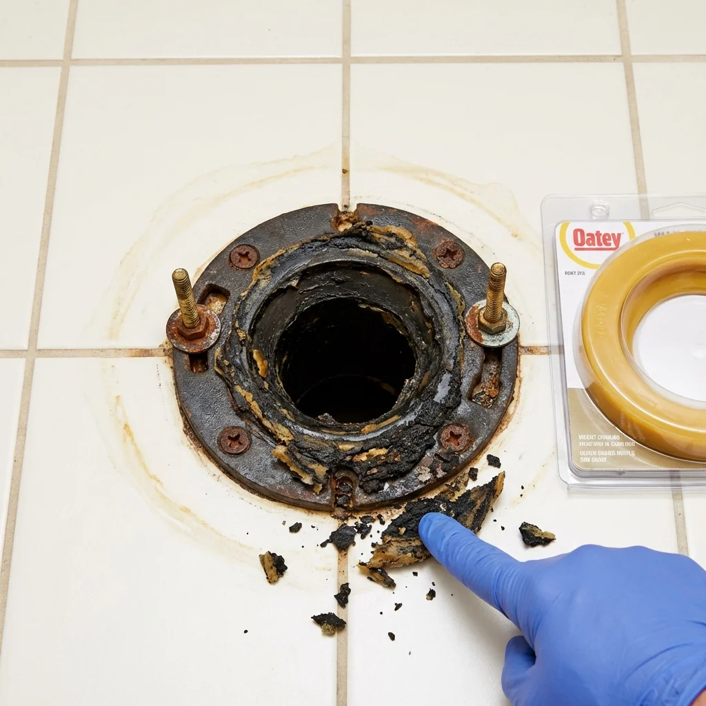 Failed wax ring showing water seepage at the base of a toilet in a Boonton, NJ home