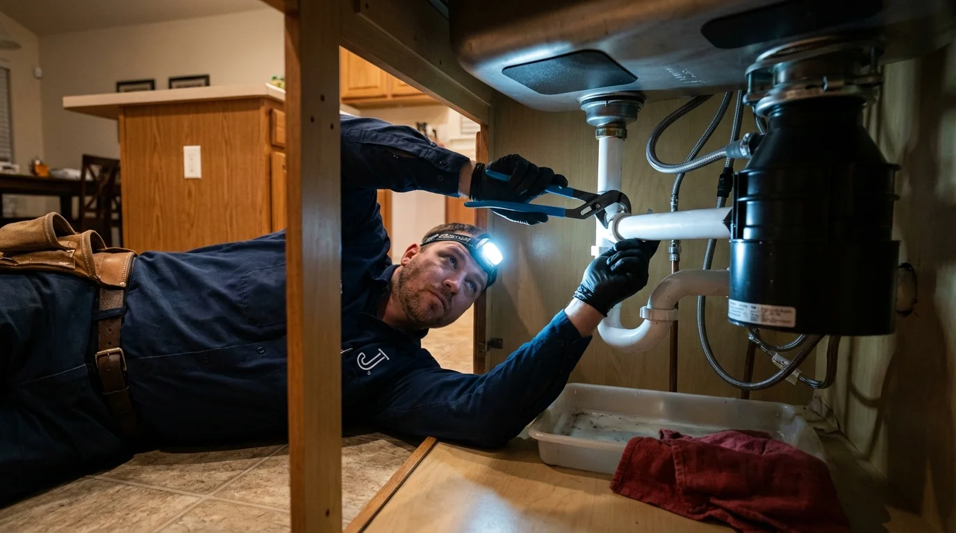 P-trap and supply line connections under a kitchen sink showing a common leak point in Boonton, NJ